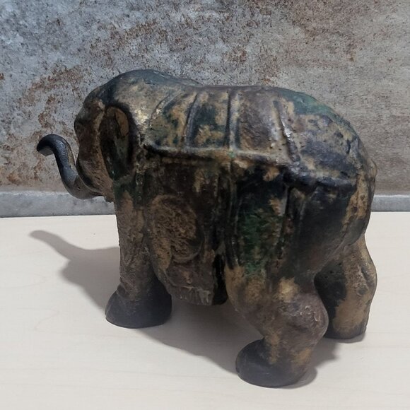 Antique Cast Iron Metal Elephant Figurine Statue Dark Patina - Picture 9 of 13